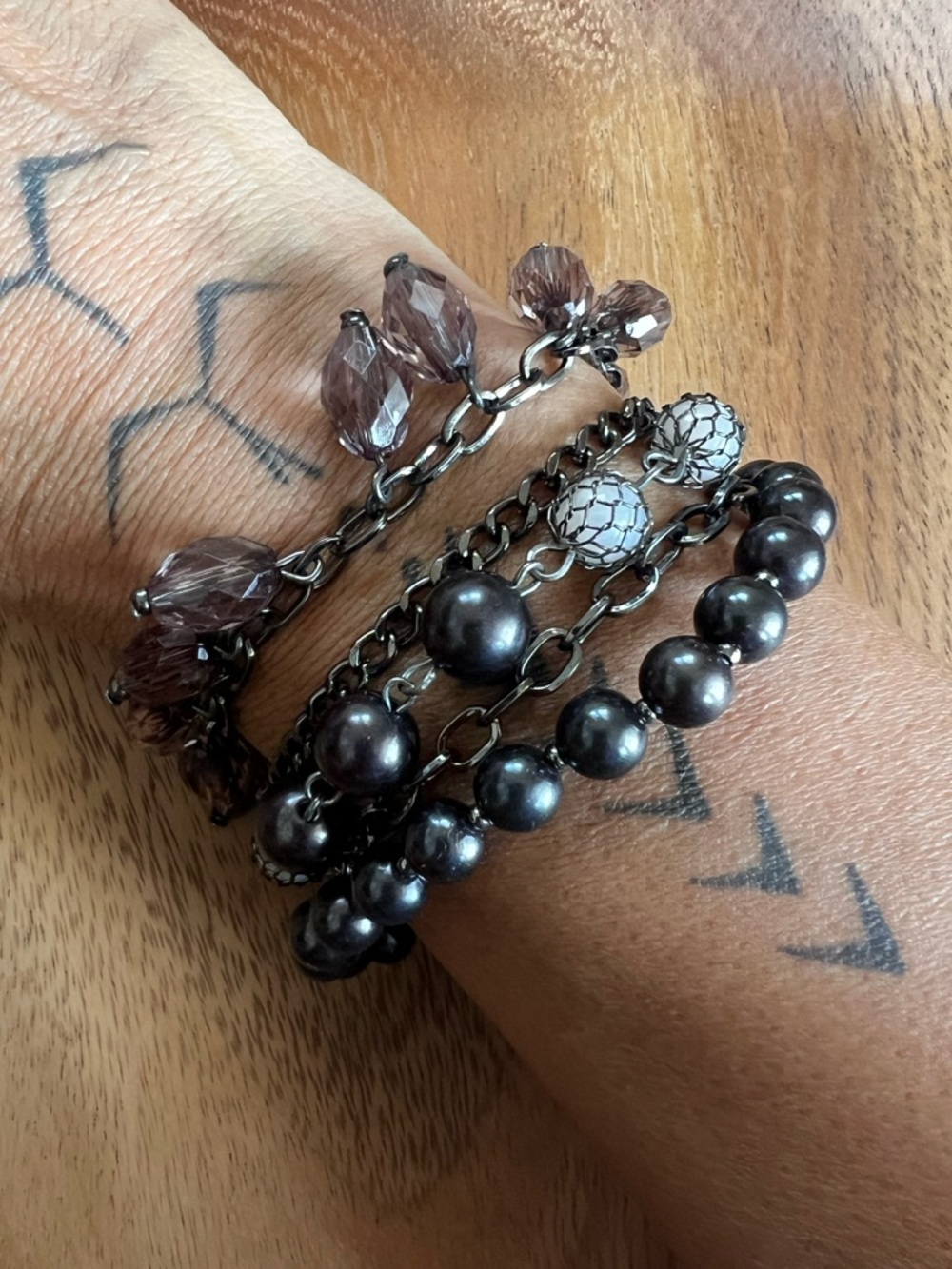 Charming Charlie Smoky Gray Beaded Multi Strand Bracelet Gunmetal Chain